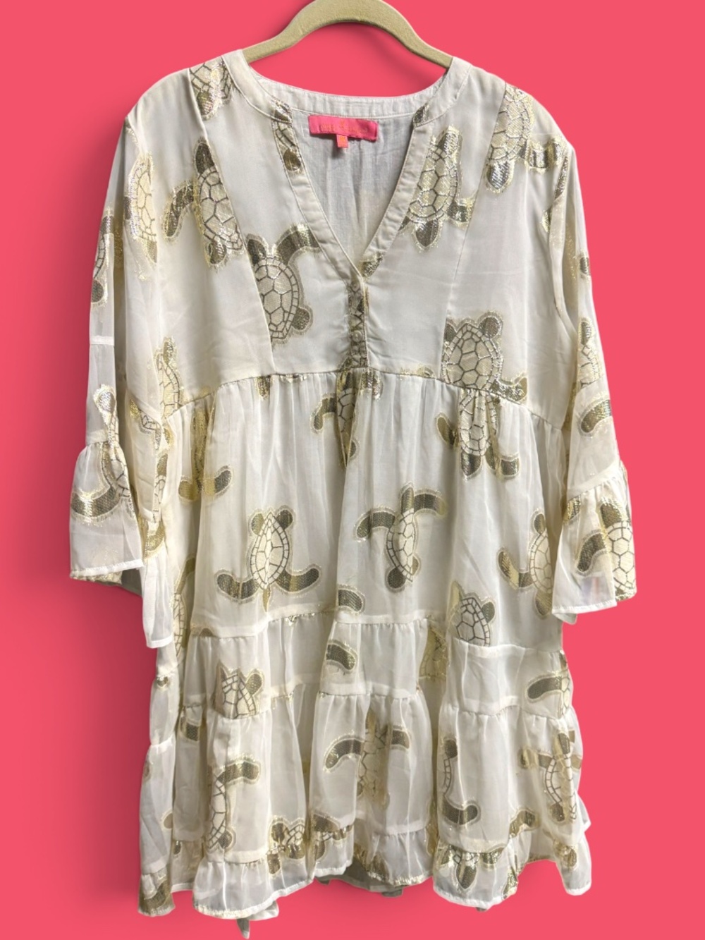 Simply Southern White Gold Sea Turtle Tiered Dress M Coastal Bell Sleeve